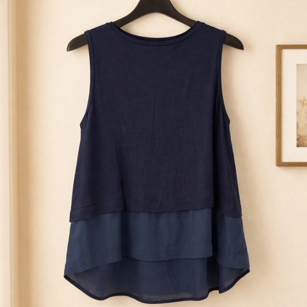 Michael Kors Layered Tank Top Womens XL Navy Blue Chiffon Hem Blouse - Picture 3 of 6